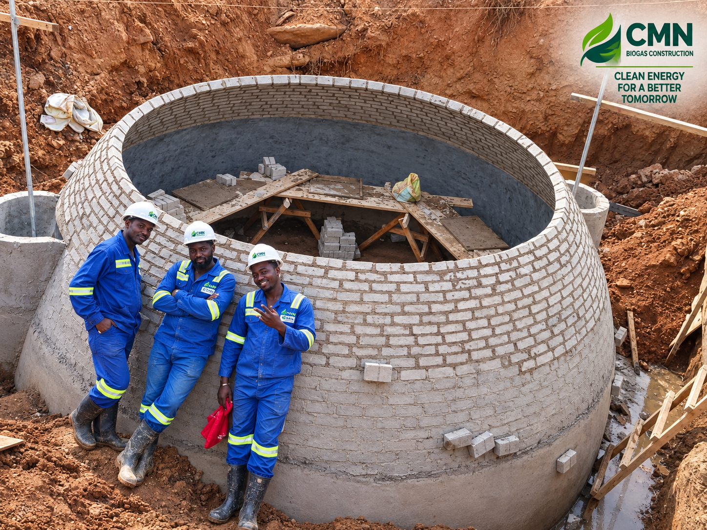 CMN Biogas Construction team working on a biogas digester